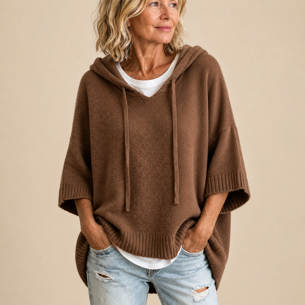 Vivienne™ | Knitted Hooded Poncho with Three-Quarter Sleeves