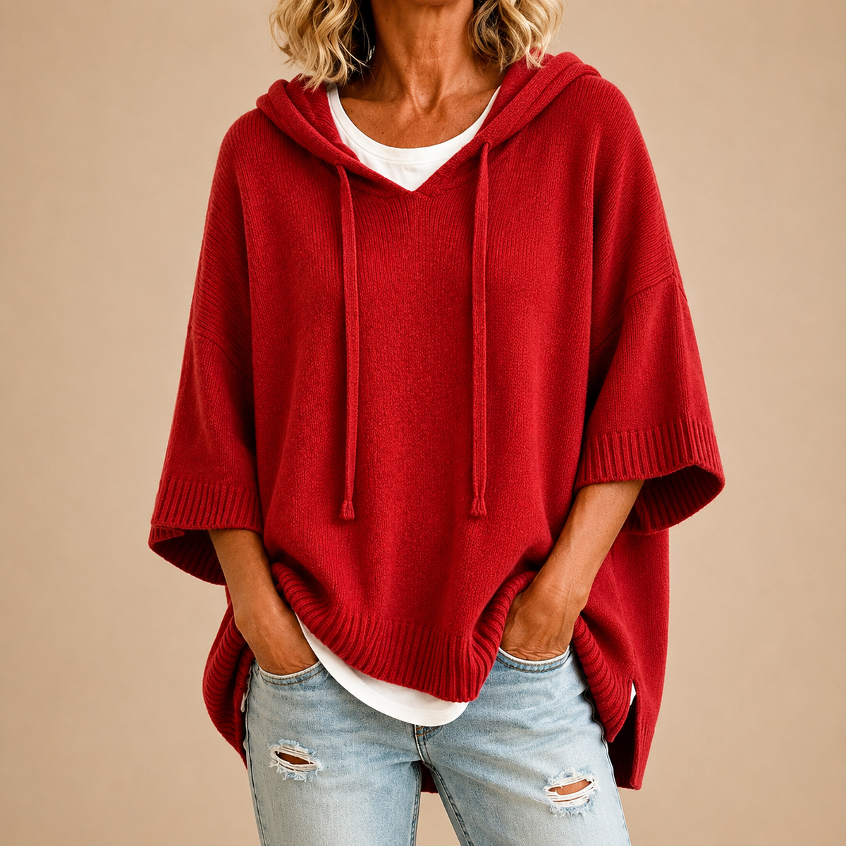 Vivienne™ | Knitted Hooded Poncho with Three-Quarter Sleeves