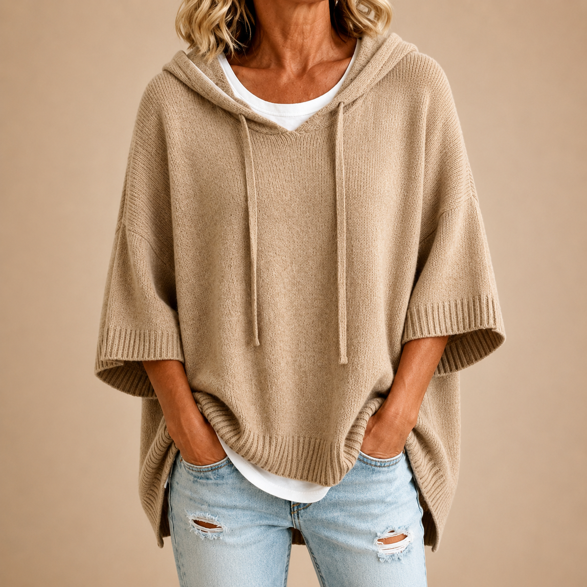 Vivienne™ | Knitted Hooded Poncho with Three-Quarter Sleeves