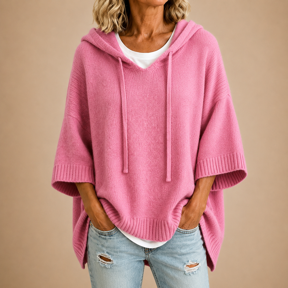 Vivienne™ | Knitted Hooded Poncho with Three-Quarter Sleeves